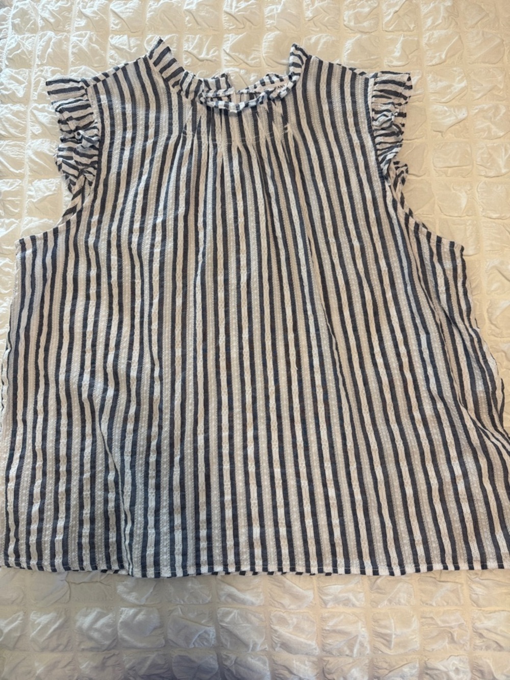 Tribal Navy & White Striped Ruffle Neck Sleeveless Top